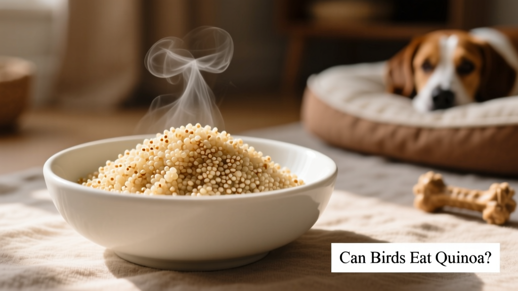 Close-up of cooked quinoa in a shallow bowl, showing its light, fluffy texture and tiny seed-like grains