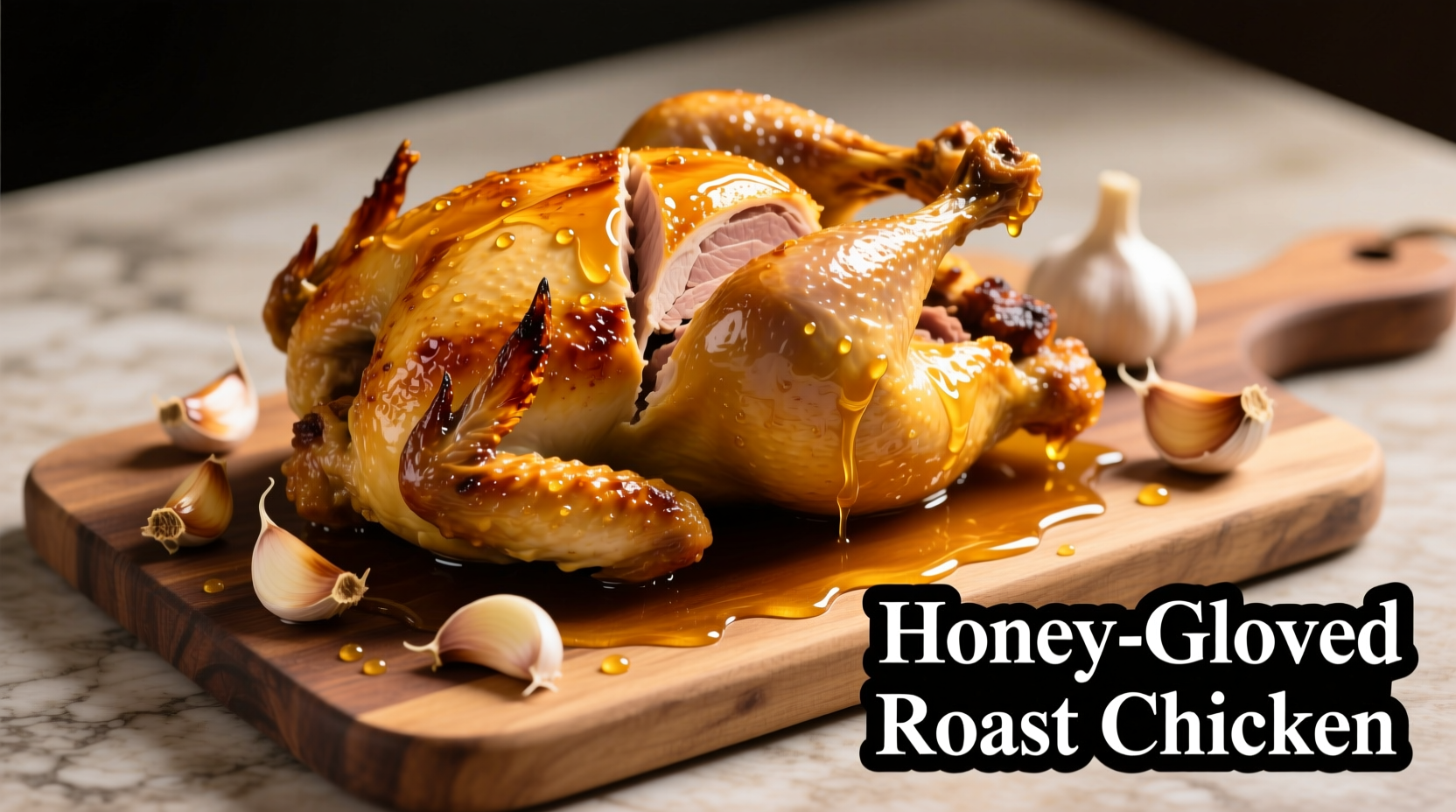 Golden roasted chicken with garlic cloves and honey glaze