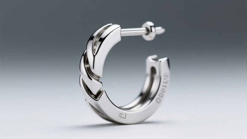 Extreme macro of an Argentium silver clicker hoop earring latch, showing the precision-machined interlocking groove and pin.