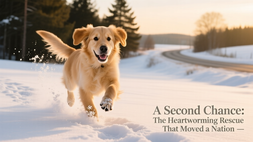 The same dog, now joyful and energetic, sprinting barefoot through fresh snow, tail wagging wildly
