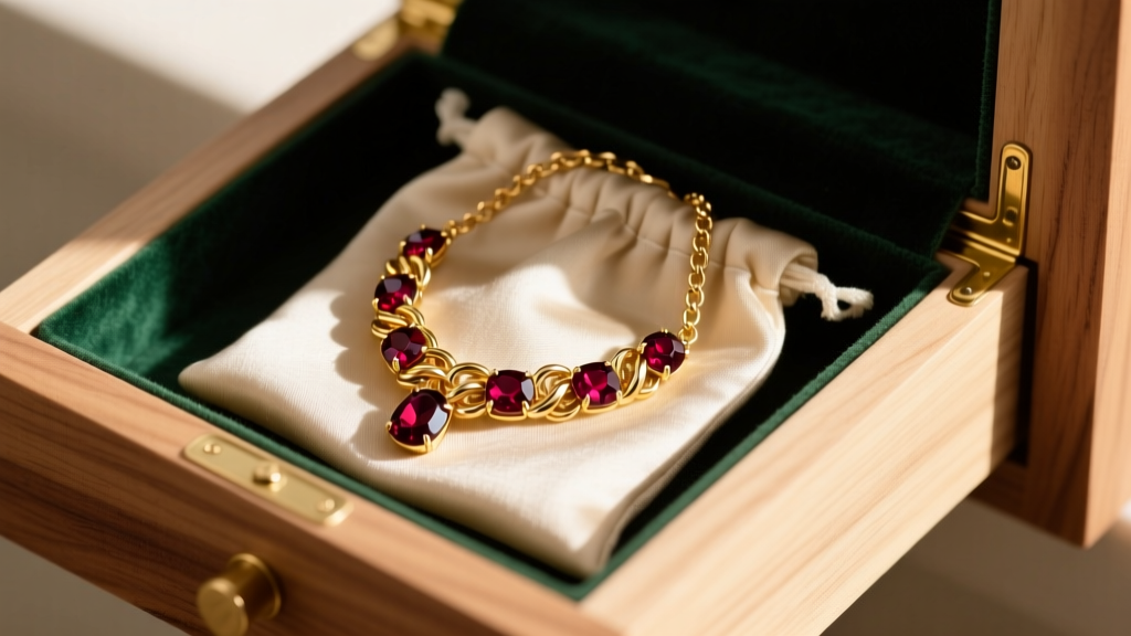 A gold garnet necklace carefully coiled and stored inside an anti-tarnish cloth pouch within a lined wooden jewelry box drawer.