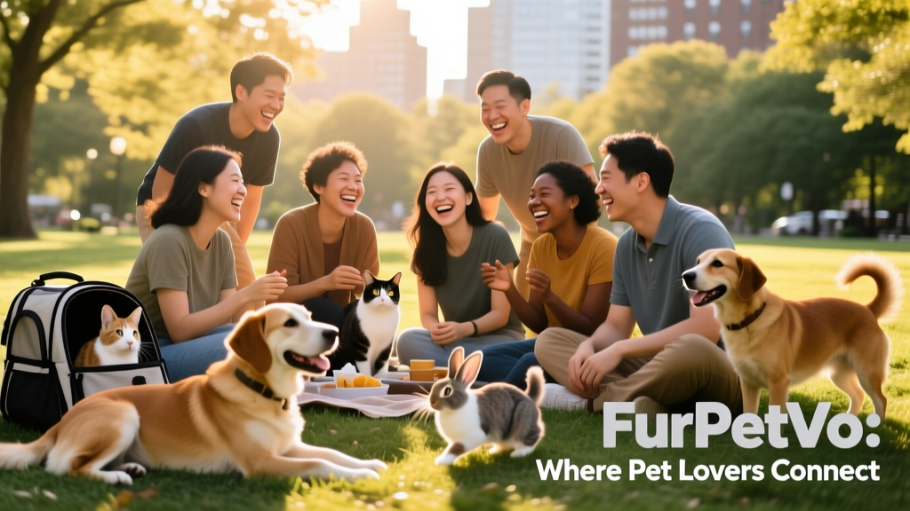 A friendly group of FurPetVo members smiling together at an outdoor in-person meet-up