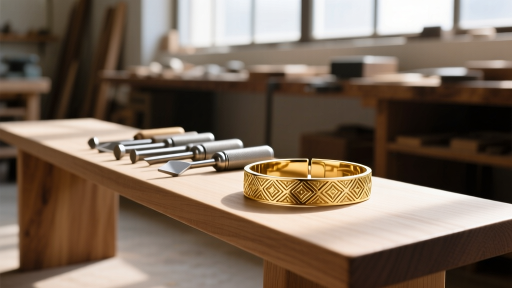 Close-up of a bench with pneumatic gravers and a partially finished 14k gold bracelet showing a textured Florentine finish.