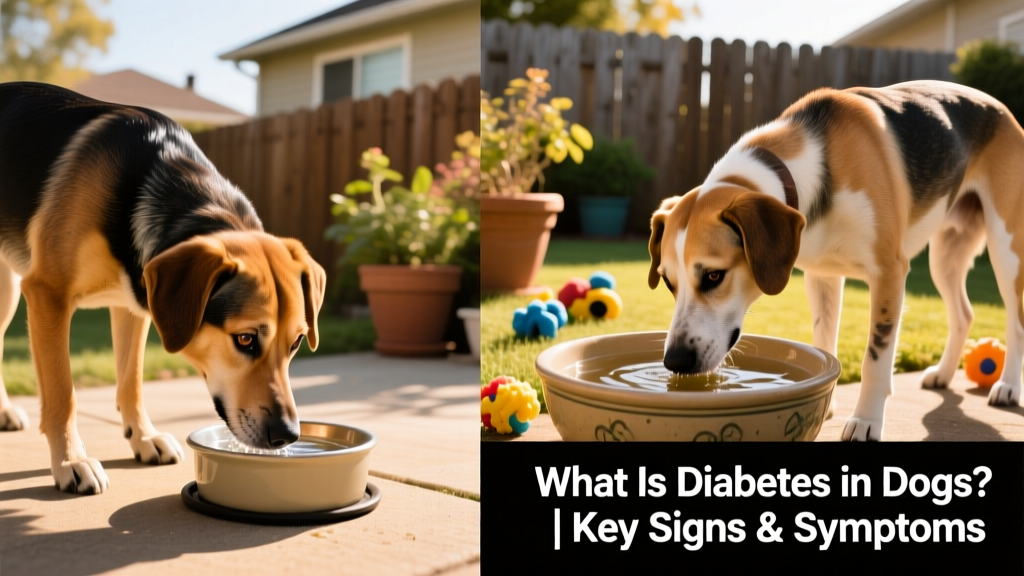Side-by-side comparison showing a healthy dog drinking water calmly versus a diabetic dog drinking excessively from a large bowl