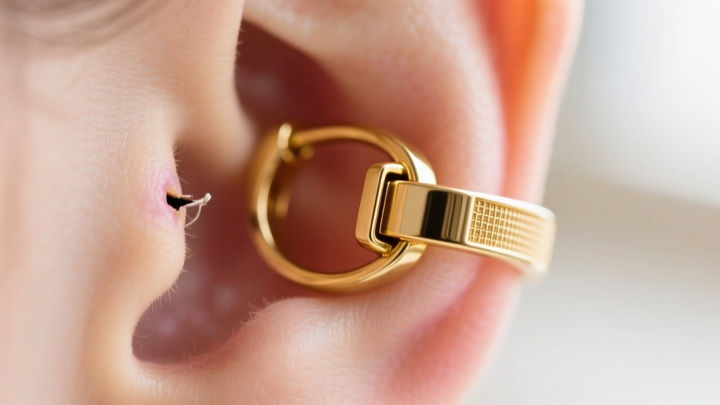 Macro shot of an 18-gauge gold hoop earring clicker clasp mechanism securely closed inside a small healed earlobe piercing hole.