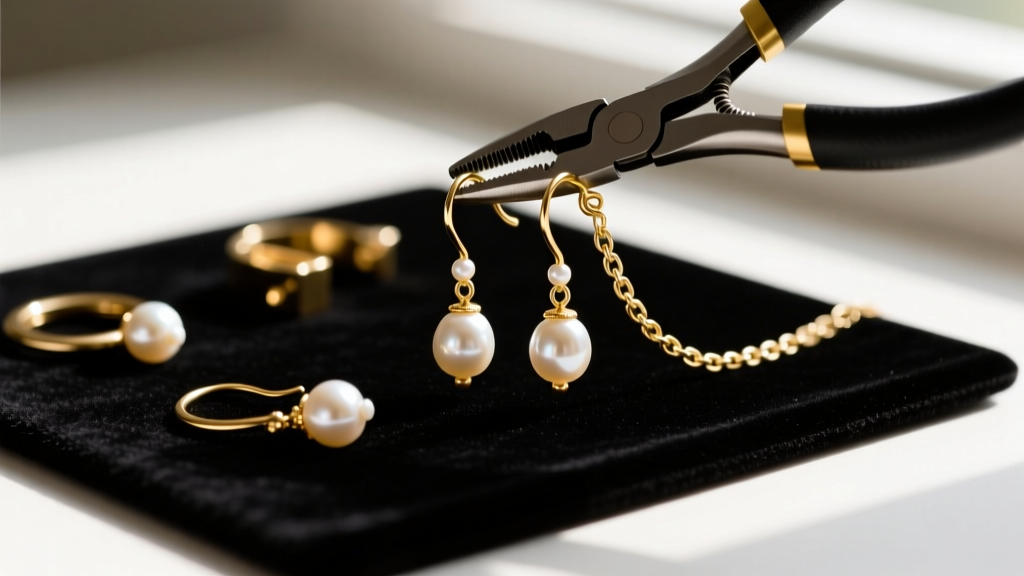 Gold-filled ear wires, pearls, and chain-nose pliers on a dark velvet mat for crafting elegant diy dangle earrings.
