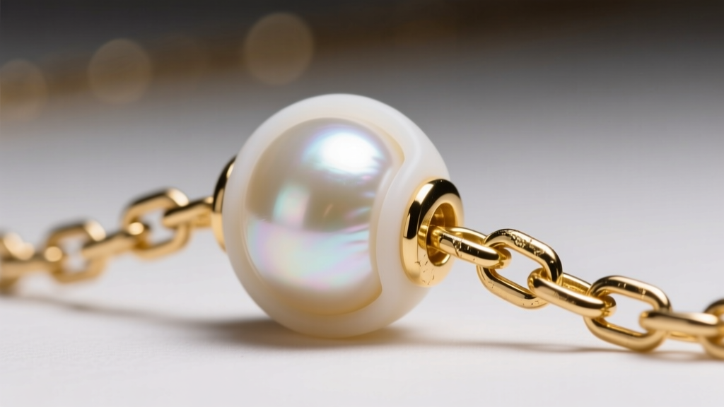 Macro shot of a lariat necklace slide showing a silicone-lined pearl bead protecting a 14k gold box chain from friction wear