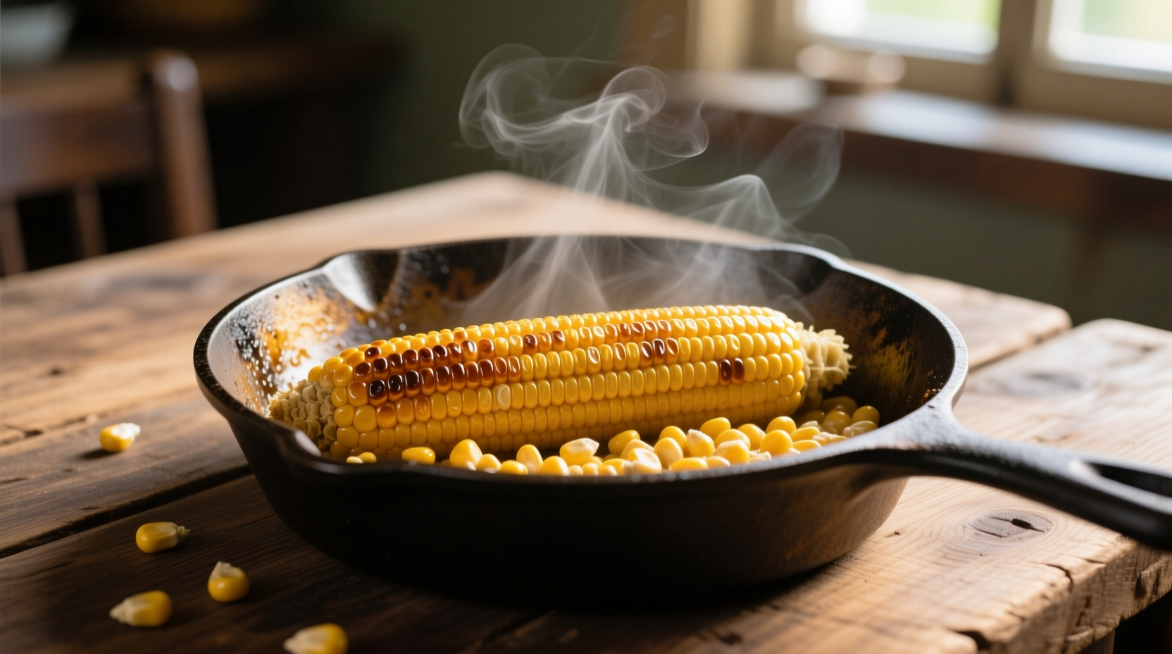 Perfectly cooked golden corn kernels in cast iron skillet