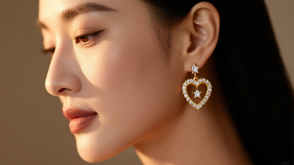 Close-up profile of a woman wearing 18k gold heart drop earrings with pavé diamonds, soft evening light highlighting the rich gold