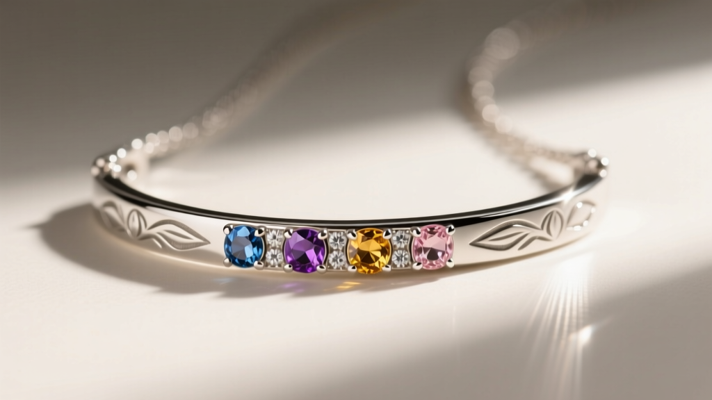 Close-up of a laser-engraved sterling silver bar necklace featuring tiny bezel-set colorful birthstones catching studio light.