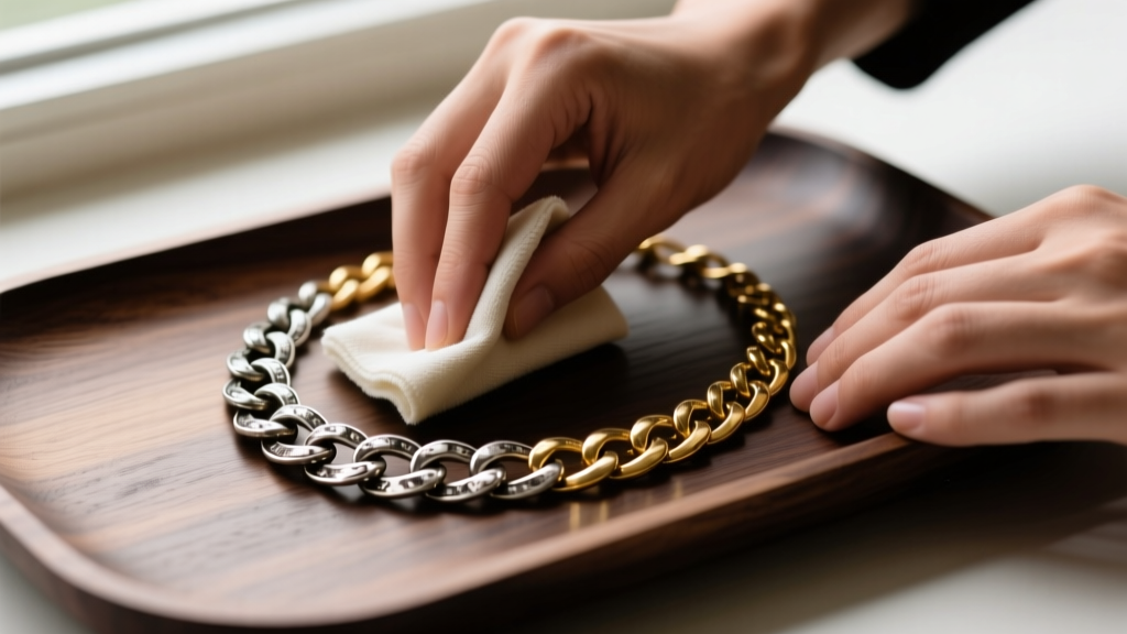 Hands wiping an antiqued silver and brass chain necklace with a dry microfiber polishing cloth over a dark wooden tray.
