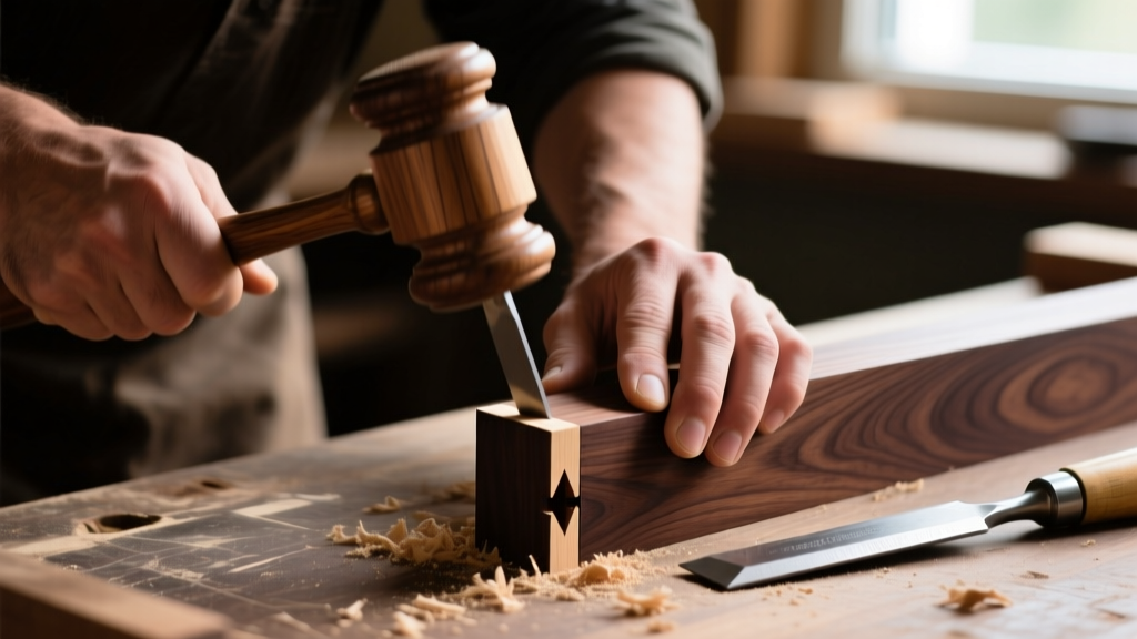 Close-up of a craftsman fitting a dovetail corner joint on dark walnut wood using a wooden mallet and chisel on a workbench