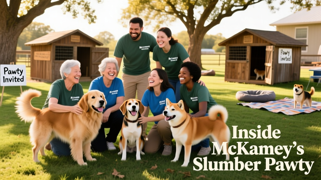 A diverse group of volunteers smiling alongside several friendly, well-socialized dogs in an outdoor adoption event