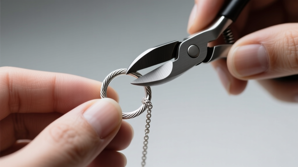 Close-up of hands using flush cutters to open a 20-gauge sterling silver jump ring to repair a delicate cable chain necklace