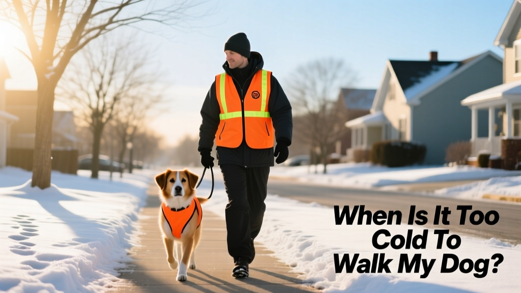 A person walking their dog on a clear, sunny winter day — both wearing reflective gear, with light snow dusting the path