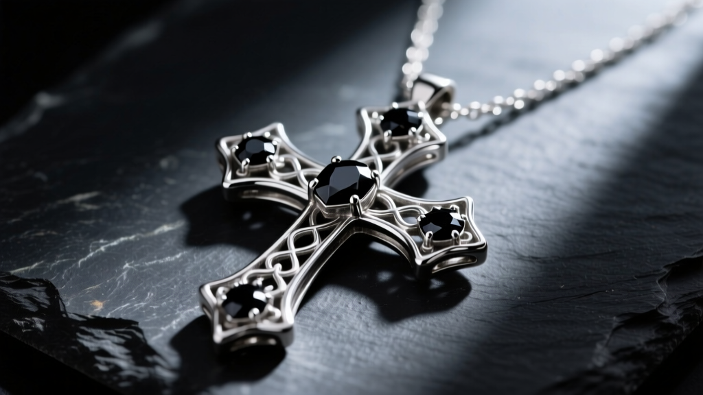 Close-up of an oxidized sterling silver gothic cross necklace with black diamond accents resting on dark slate under moody light