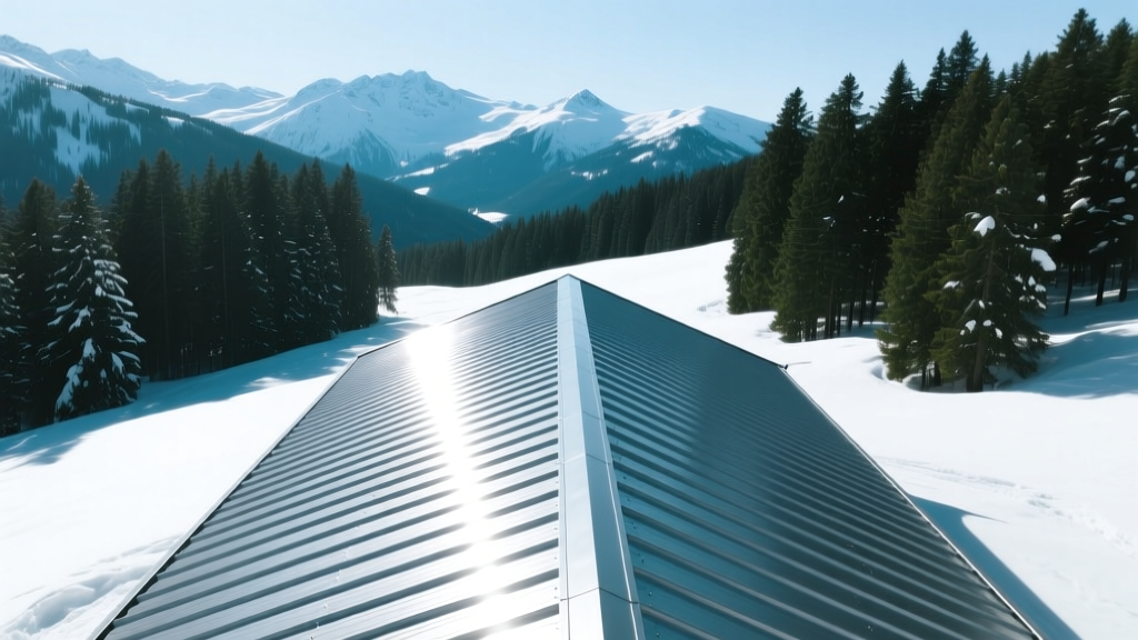 Aerial view of 24-gauge Galvalume standing seam metal roof reflecting sunlight in a snowy alpine environment next to dense pine trees