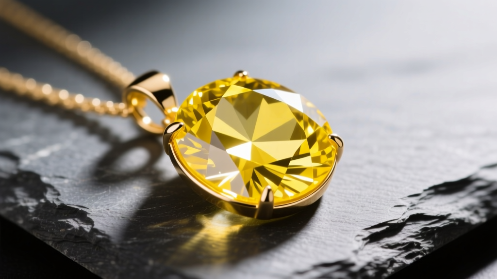 Faceted lemon quartz pendant in 14k gold bezel on slate, showing vivid yellow color and sharp facets under light.