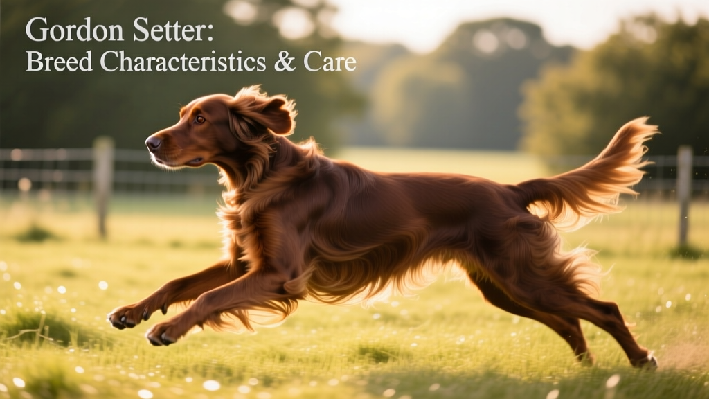 A Gordon setter mid-stride during a field trial, focused and athletic, with ears flying and tail held high