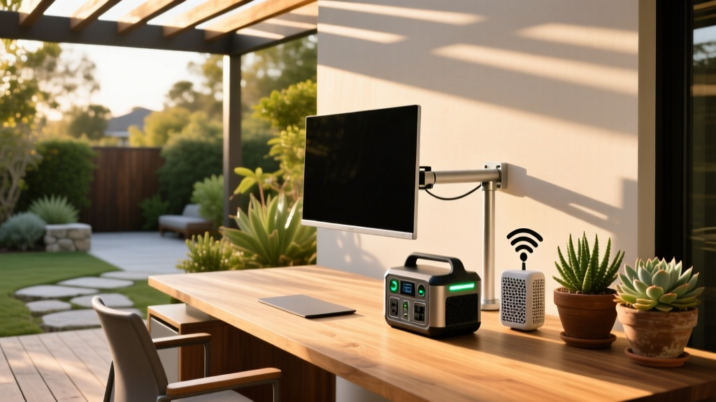A modern home office setup on a shaded wooden patio, featuring an outdoor-rated monitor, a portable power station, and mesh Wi-Fi node.