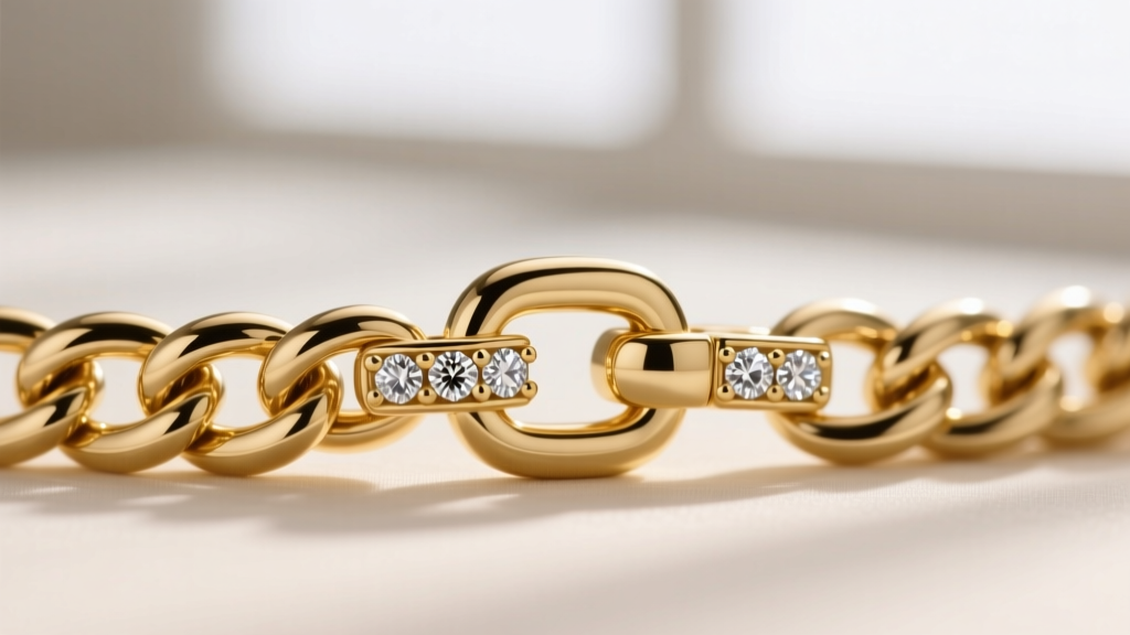 Macro shot of a 5mm 14k gold Cuban link chain connecting to a diamond-accented clasp, highlighting the metal polishing