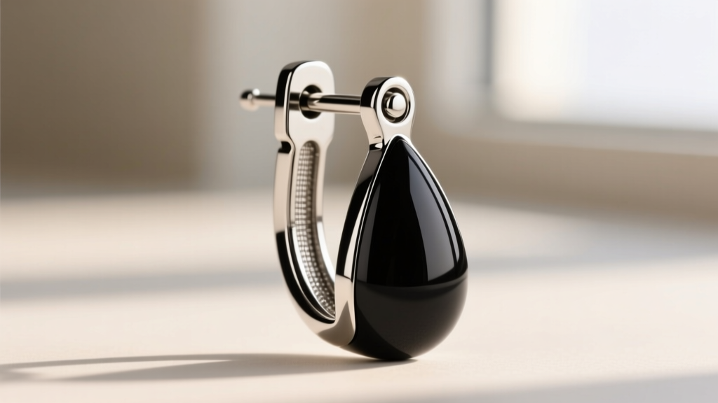 Extreme close-up of a secure leverback closure on a sleek black rhodium-plated teardrop earring, highlighting the mechanical hinge