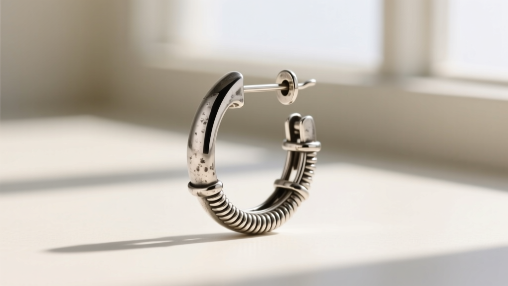Side view of a Judith Ripka omega clip-back earring in oxidized silver, highlighting the tension spring and padded wire.