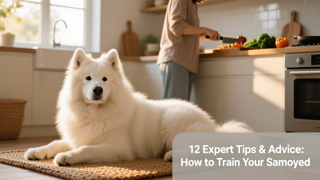 A Samoyed calmly resting on a mat while its owner prepares dinner nearby, demonstrating reliable 'place' command