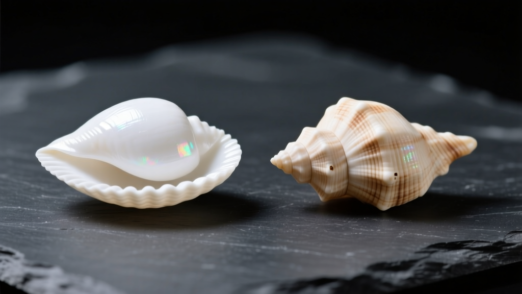 Side-by-side comparison of a chemically bleached white cowrie shell and a natural unbleached cream cowrie shell on dark slate