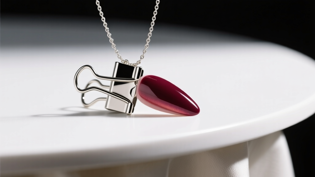 A silver paperclip hooked through a necklace jump ring, acting as an anchor to help long nails secure the clasp on a table.