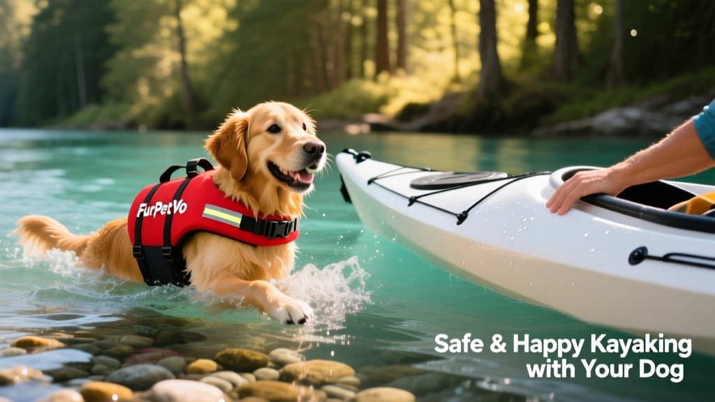 A happy dog swimming alongside a kayak, wearing a FurPetVo life jacket, with clear water and gentle waves in the background