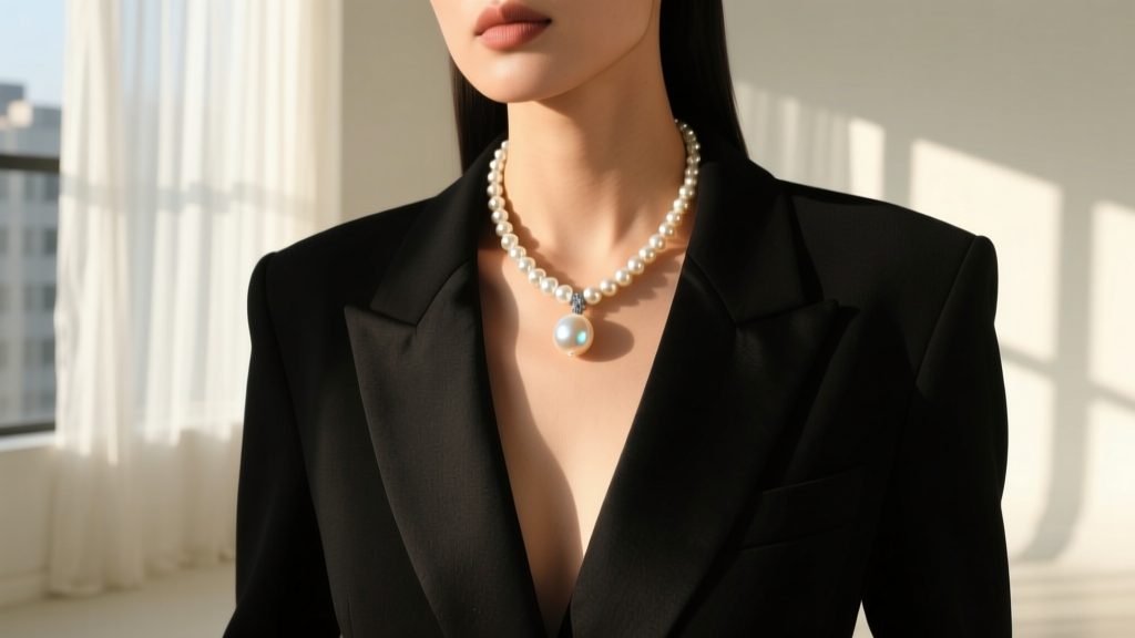 Model in a deep V-neck black blazer wearing a 16-inch silver pearl necklace with a 14mm pearl drop pendant in natural daylight.