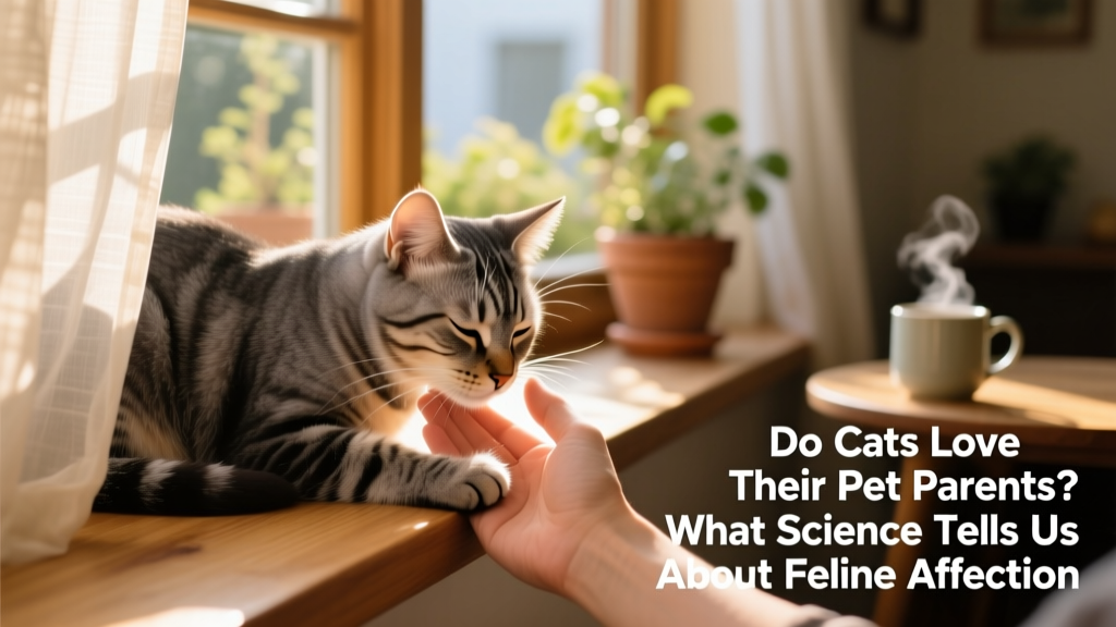 A cat gently head-butting (bunting) its human’s hand while sitting on a sunlit windowsill