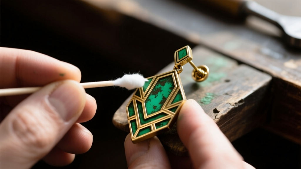 Close-up of jeweler using a cotton swab to carefully remove green verdigris from a vintage brass Art Deco earring screw-back clasp