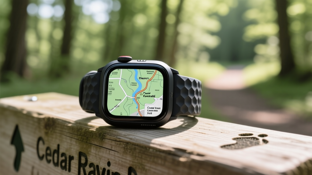 Rugged smartwatch displaying topographic map of Cedar River trail in Cedar Rapids Iowa