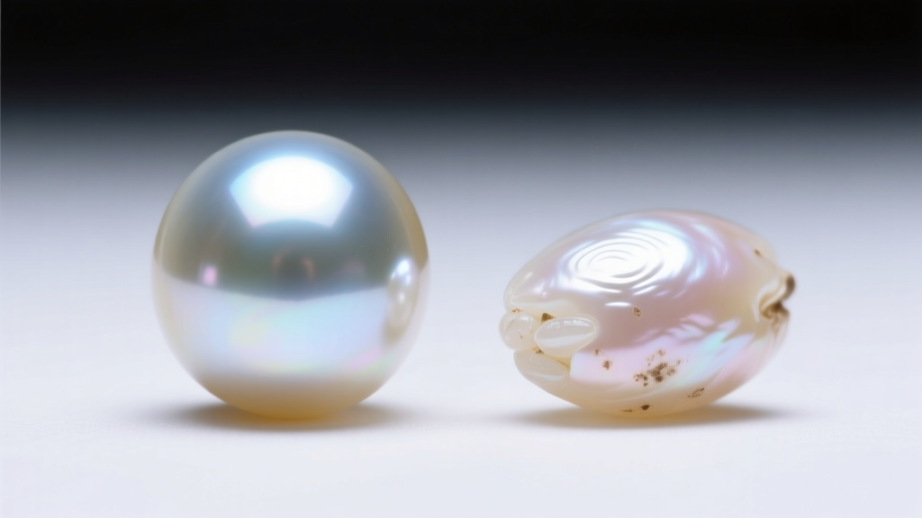 Macro comparison of an Akoya pearl with sharp reflections next to a vintage freshwater rice pearl with softer, blemished luster.