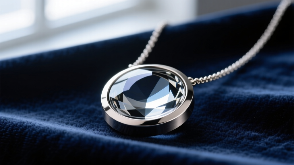 Macro shot of an optical glass looking glass necklace in a brushed titanium bezel reflecting soft light on velvet.