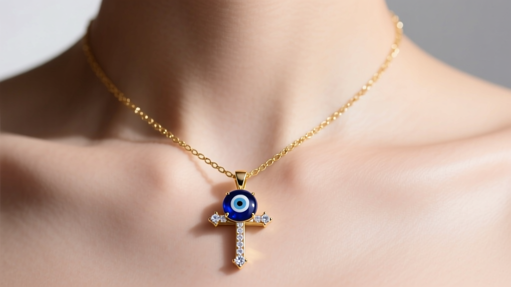 Close-up of a 14k gold necklace featuring a blue glass evil eye and diamond cross pendant resting softly on a collarbone.