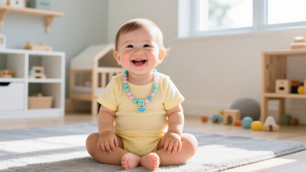 Toddler wearing a short beaded necklace with a secure plastic breakaway clasp, smiling brightly in a sunlit playroom