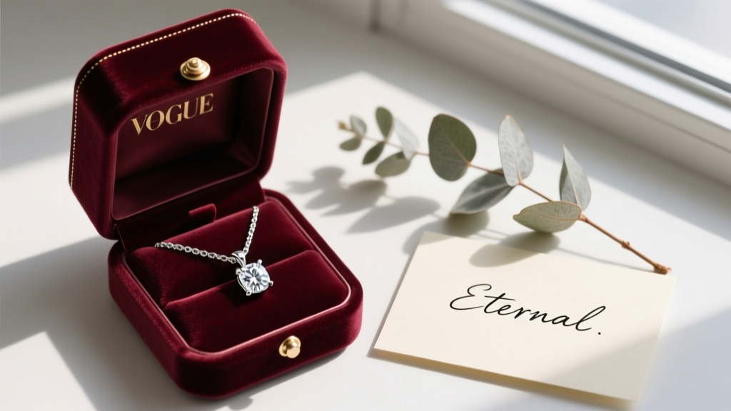 Overhead view of a velvet box holding a lab-grown diamond initial pendant, next to a handwritten note and dried eucalyptus.