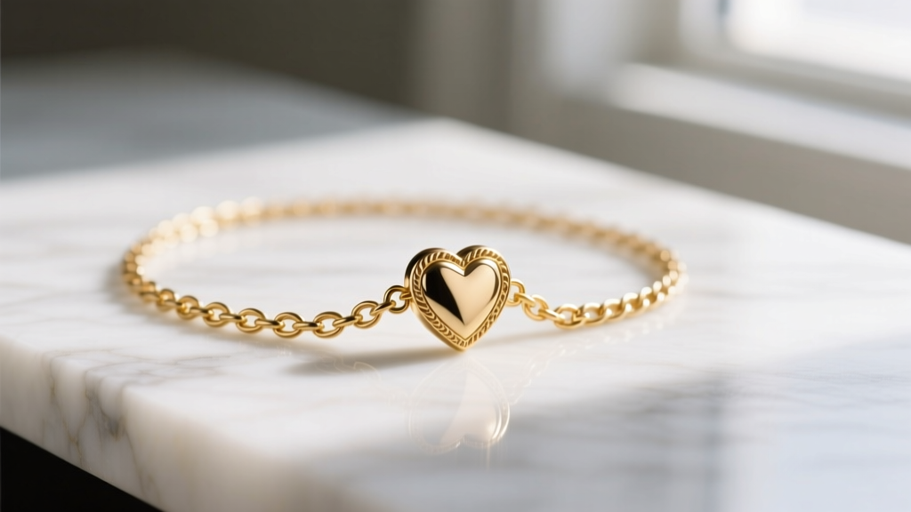 Macro shot of a delicate 14k gold-filled cable chain with a small heart pendant resting on white marble in soft natural light