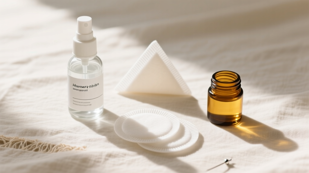 Flat lay of a piercing aftercare gift kit with sterile saline spray, non-woven gauze pads, and a small jar of jojoba oil on linen