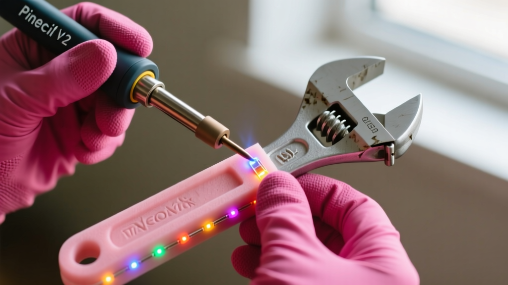 Hands using a Pinecil V2 smart soldering iron to attach NeoPixel LEDs to an EVA foam prop wrench while wearing pink gloves
