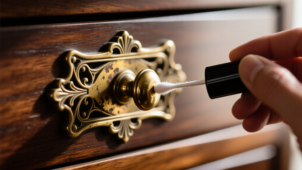 Cotton swab applying polish to an ornate vintage brass drawer pull on dark wood, showing contrast of tarnished and clean metal.