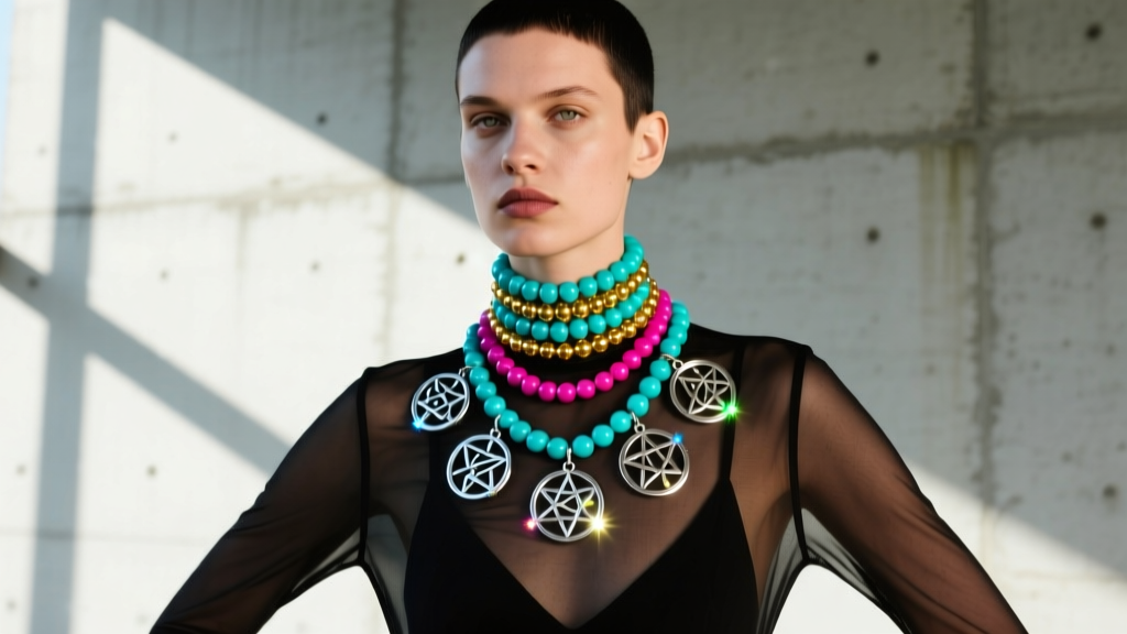 Model wearing a layered kandi choker over a black mesh top, featuring cyber-sigilism silver charms and colorful seed beads.