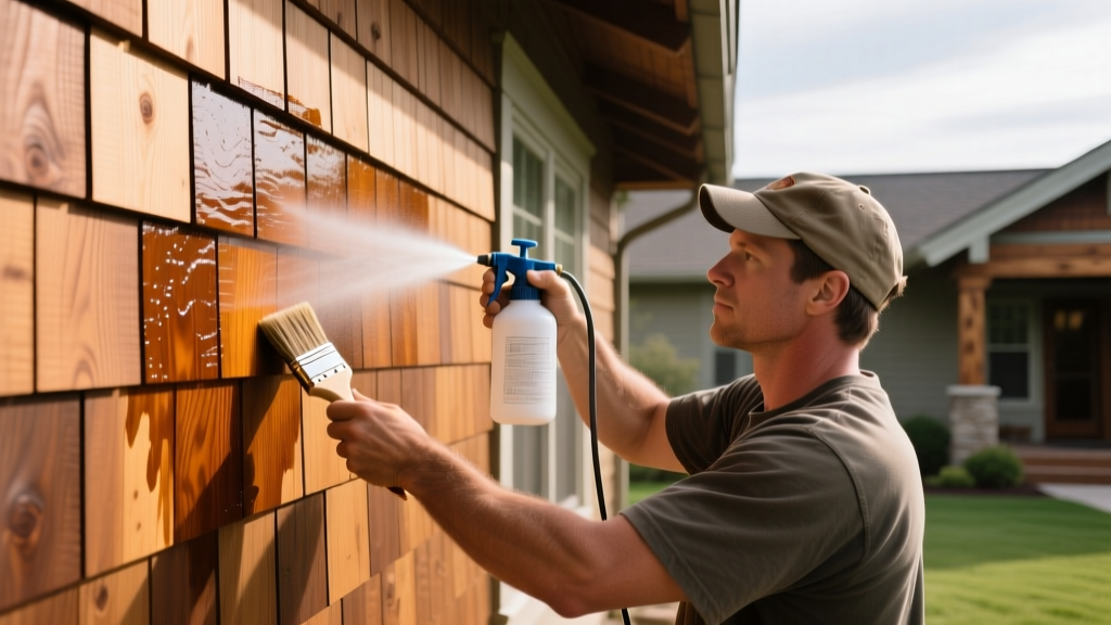 Contractor applying penetrating oil stain to cedar shingle siding on a craftsman home exterior using a pump sprayer and brush