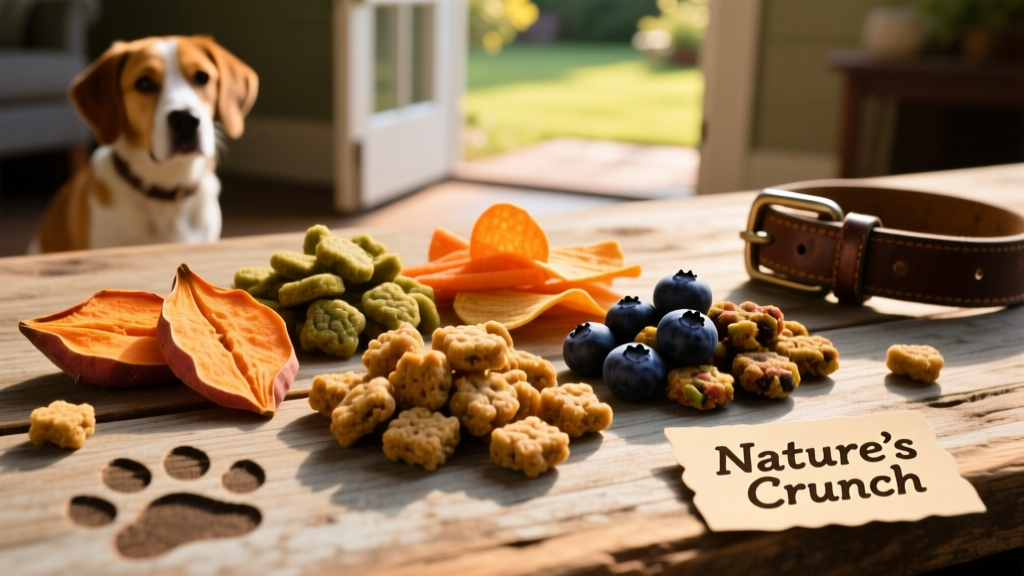 Assortment of colorful, crunchy dog treats arranged on a wooden surface
