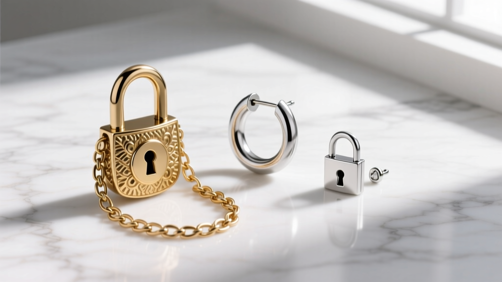 Flat lay of three padlock earrings in varying sizes, including heavy brass dangles and lightweight silver huggies, on white marble.