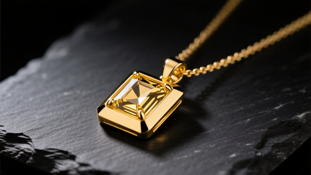 Close-up of a polished 14k yellow gold rectangle pendant necklace resting on a dark slate surface, reflecting soft studio lighting.