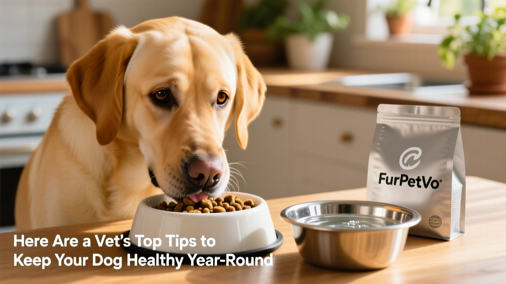 A close-up of a dog enjoying a nutritious meal from a clean bowl, with fresh water nearby and a FurPetVo logo subtly visible on the packaging